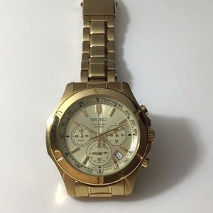 Seiko Goldtone Mens Watch Chronograph 100m Tach Date Link